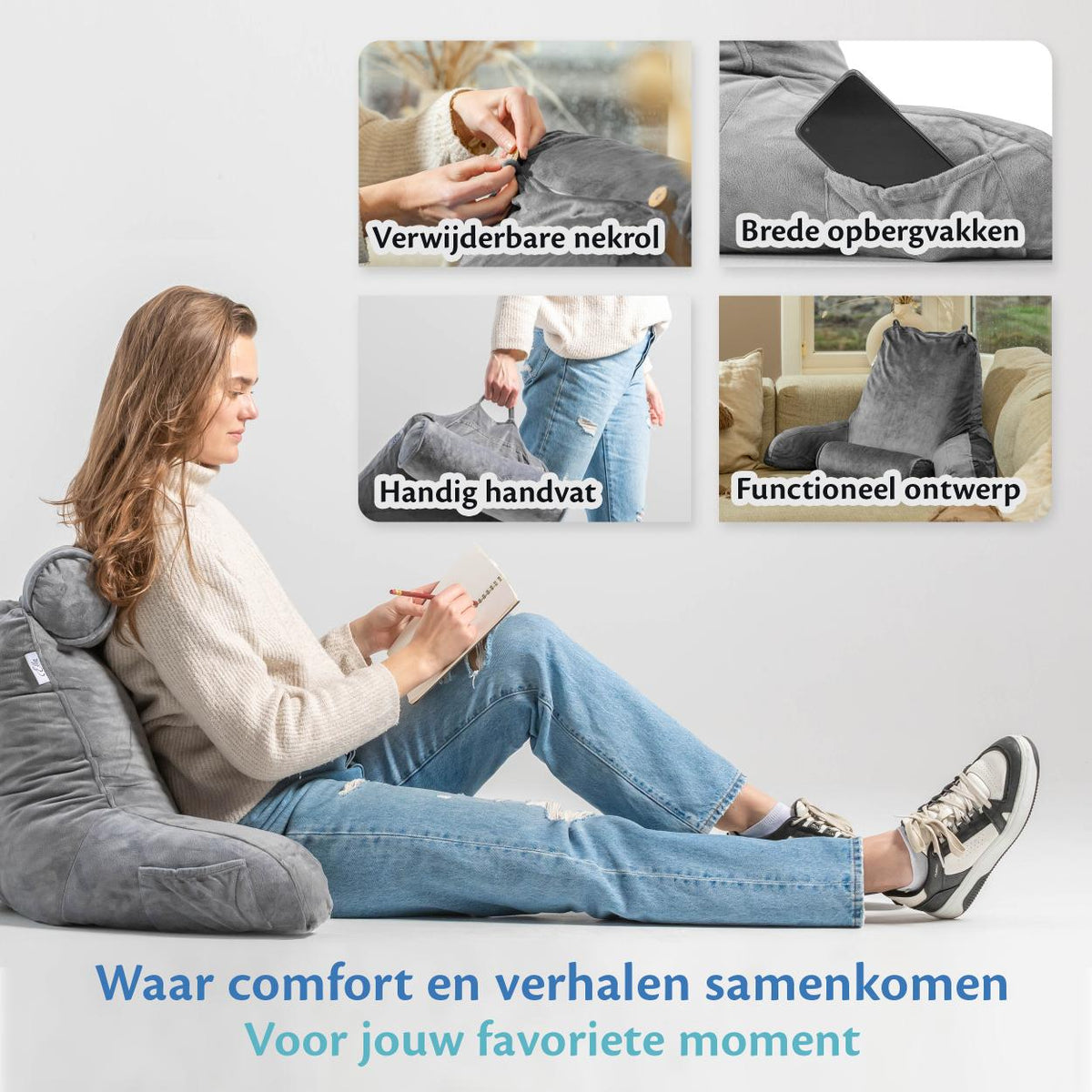 Een vrouw zit op een bank met een kussen en een leeskussen, genietend van een moment van ontspanning.