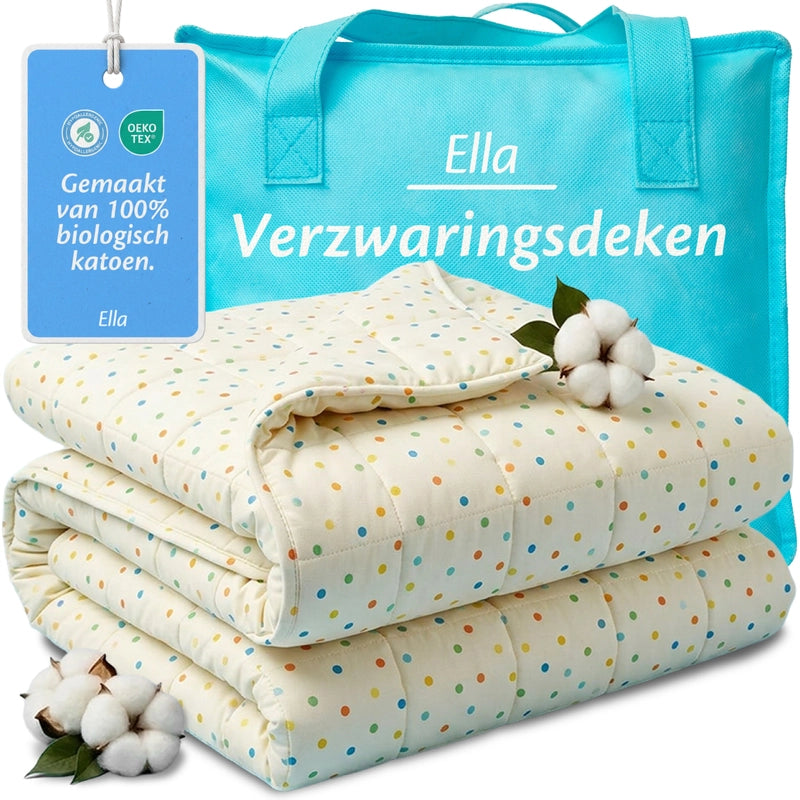 Ella Verzwaringsdeken Kind met gekleurde stippenprint van biologisch katoen inclusief opbergtas