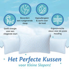 Ella kinderkussen met ergonomische ondersteuning, hypoallergeen materiaal en zachte hoes, geschikt voor kleine slapers.