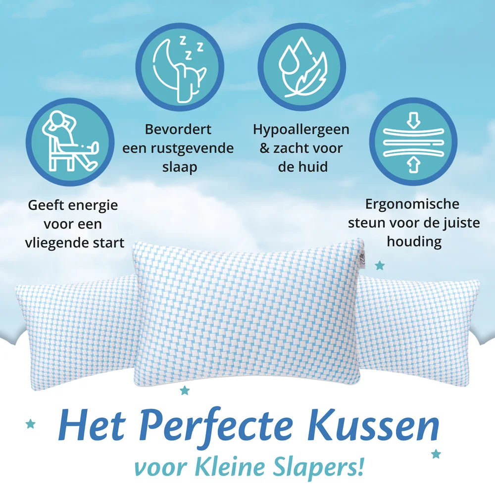 Ella kinderkussen met ergonomische ondersteuning, hypoallergeen materiaal en zachte hoes, geschikt voor kleine slapers.