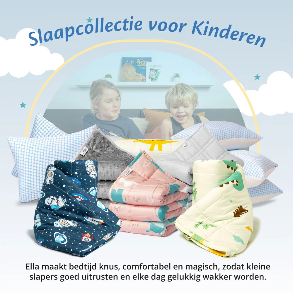 Overzicht van Ella kinder slaapcollectie met kinderkussens en kinderdekens in verschillende designs.