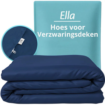 Ella hoes voor verzwaringsdeken in grijs en blauw katoen, close-up van rits en label.