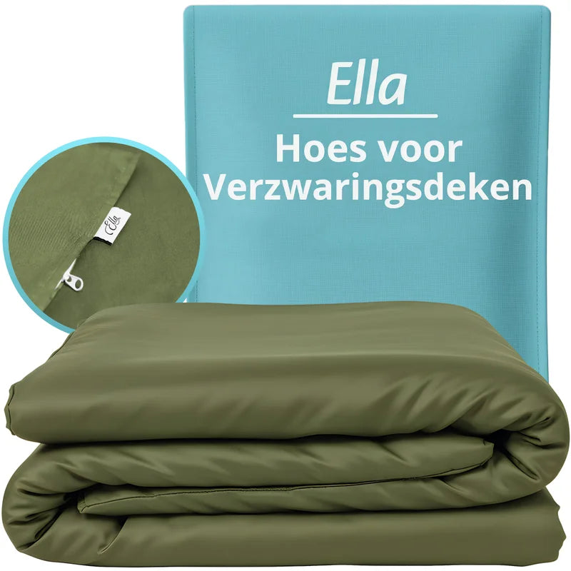 Ella hoes voor verzwaringsdeken in licht olijfgroen, close-up van rits en label.