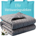 Ella verzwaringsdeken in donkergrijze minky-stof, gevouwen naast een turquoise draagtas.