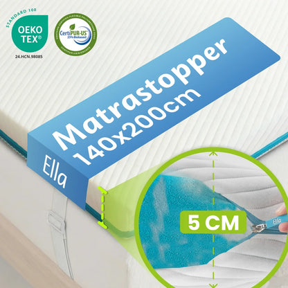 Ella Matrastopper 140x200 cm met 5 cm dikte, OEKO-TEX en CertiPUR-US certificering, met ondersteunende schuimlaag voor extra slaapcomfort.