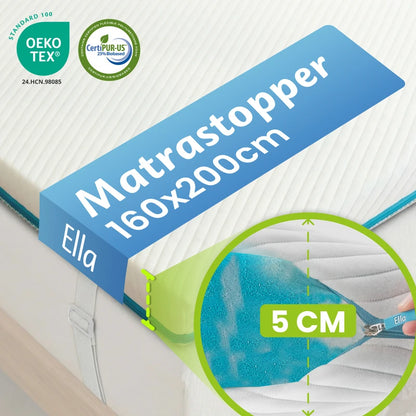 Ella Matrastopper 160x200 cm met 5 cm dikte, OEKO-TEX en CertiPUR-US certificering, met ondersteunende schuimlaag voor extra slaapcomfort.