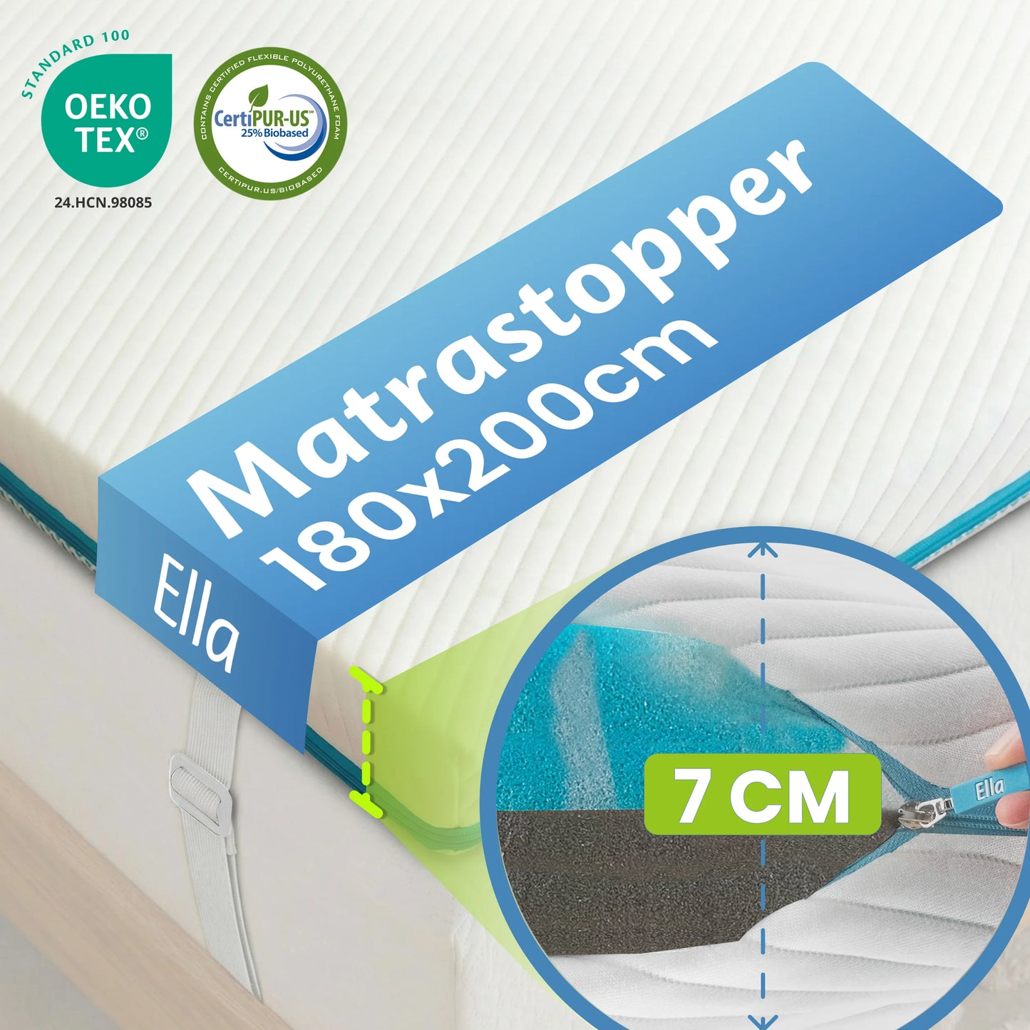 Ella matrastopper 180x200 cm met 7 cm dikte, OEKO-TEX en CertiPUR-US certificering, met comfortabele opbouw en ondersteunende schuimlagen.