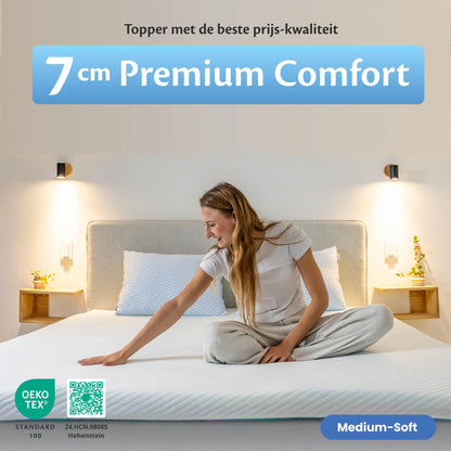 Ella 7 cm premium comfort matrastopper op bed, medium-soft liggevoel en beste prijs-kwaliteit voor extra slaapcomfort.