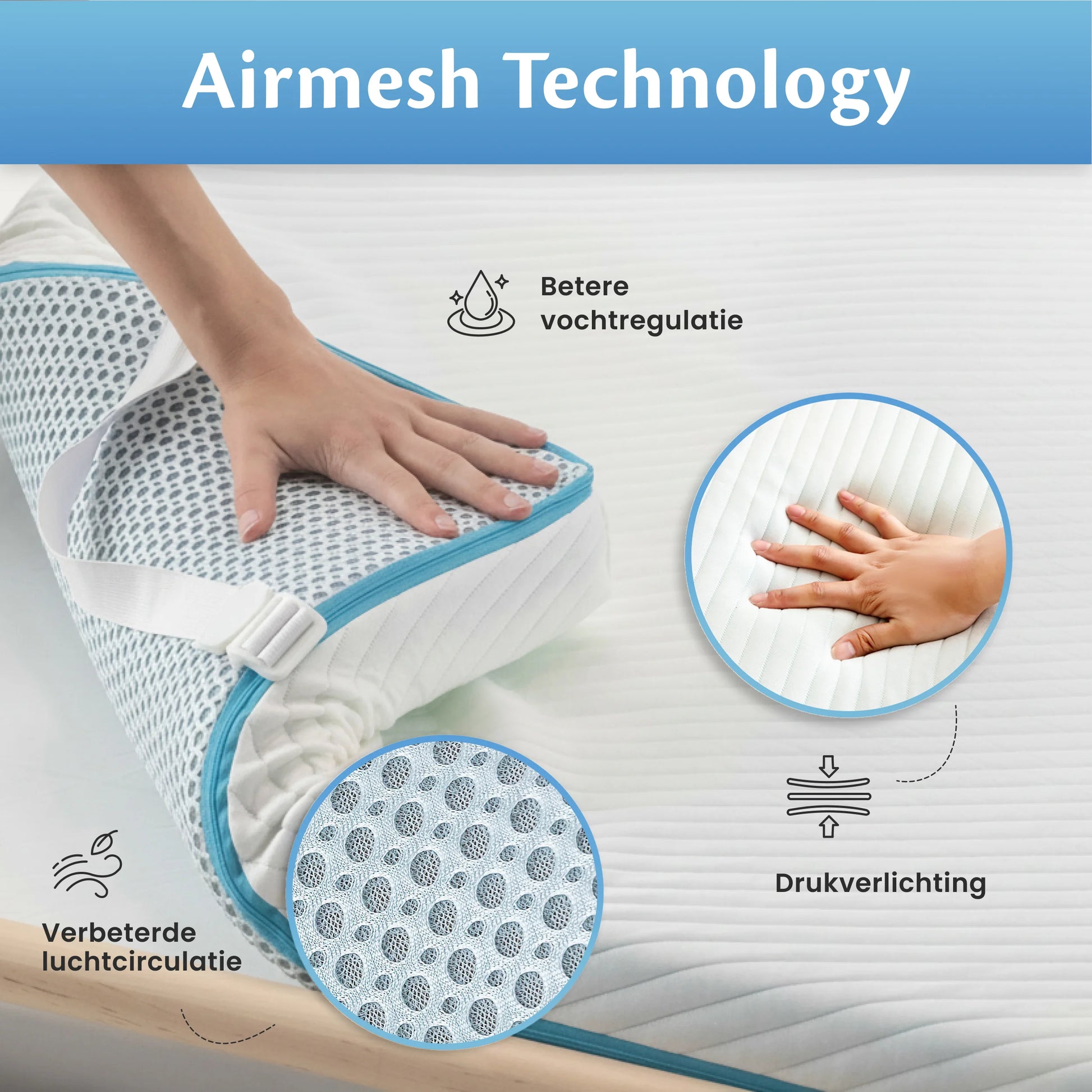 Ella matrastopper met AirMesh-technologie voor verbeterde luchtcirculatie, betere vochtregulatie en drukverlichting voor fris en comfortabel slapen.