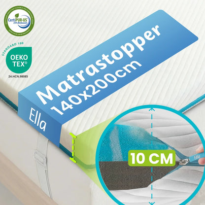 Ella matrastopper 160x200 cm met 10 cm dikte, OEKO-TEX en CertiPUR-US certificering, met luxe opbouw van twee schuimlagen voor extra comfort en ondersteuning.