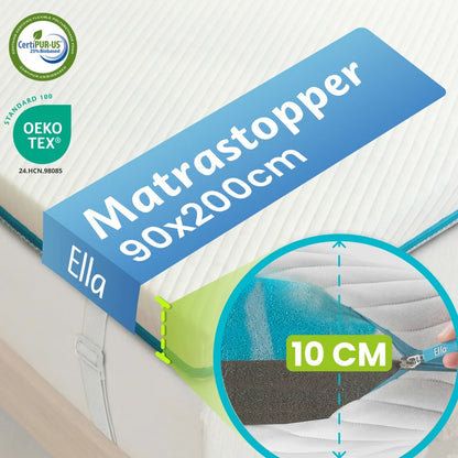 Ella matrastopper 90x200 cm met 10 cm dikte, OEKO-TEX en CertiPUR-US certificering, met luxe opbouw van twee schuimlagen voor extra comfort en ondersteuning.
