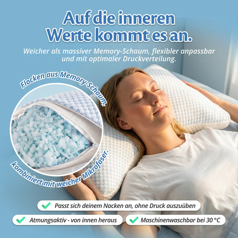 Aufgeschnittenes Moon-Kissen zeigt Flocken aus Memory-Schaum kombiniert mit weicher Mikrofaser, daneben eine schlafende Frau und drei Hinweise: passt sich dem Nacken an, atmungsaktiv von innen heraus, maschinenwaschbar bei 30 °C