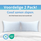 Twee Ella hoofdkussens op bed in 2 pack uitvoering, met OEKO TEX en hypoallergeen icoon.