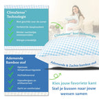 Ella hoofdkussen met ClimaSense technologie en ademende bamboe stof voor koel en comfortabel slapen.