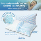 Ella droomkussen met opengewerkte lagen, gel infused memory foam vulling en ademende bamboe zijde.