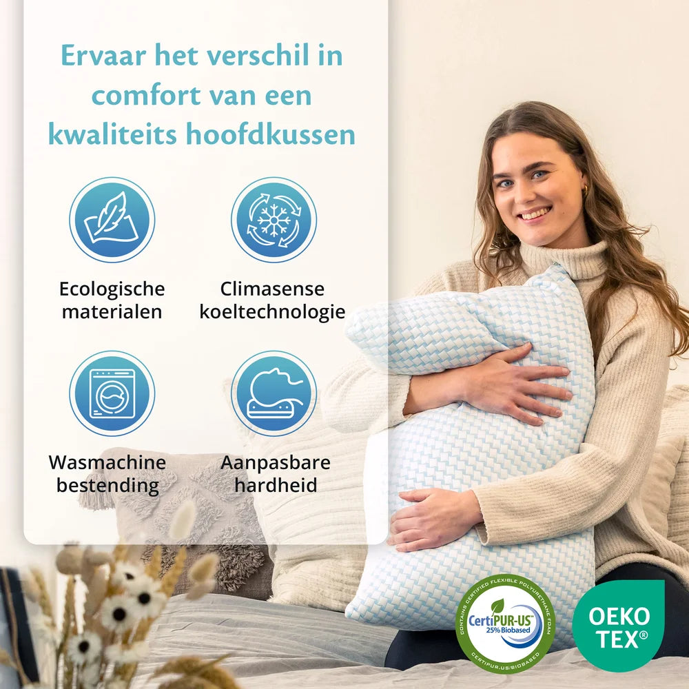 Overzicht van voordelen van het Ella droomkussen, met aanpasbare hardheid, ClimaSense koeltechnologie en wasmachinebestendigheid.