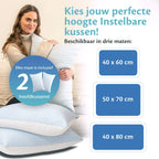 Ella instelbaar hoofdkussen met keuze uit drie maten, inclusief twee hoofdkussens per set.