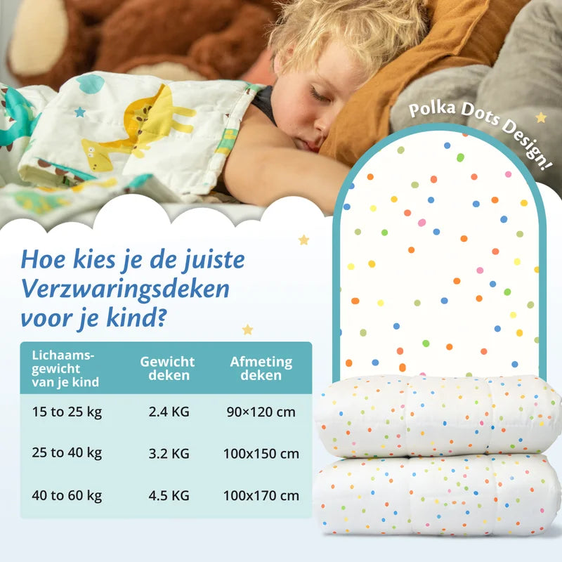 Slapend kind met Ella verzwaringsdeken in polka-dots design en maattabel voor kinderdekens.