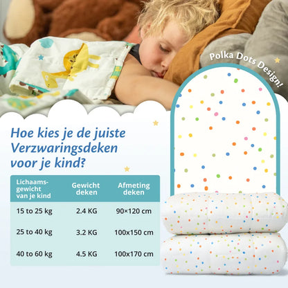 Slapend kind met Ella verzwaringsdeken in polka-dots design en maattabel voor kinderdekens.