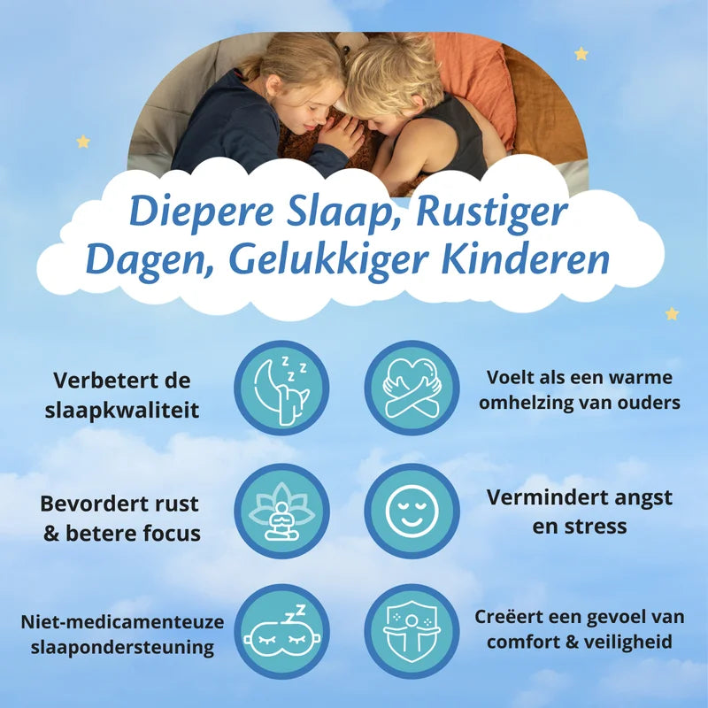 Twee kinderen knuffelen onder een verzwaringsdeken, met icoontjes die voordelen van diepe druk uitleggen.