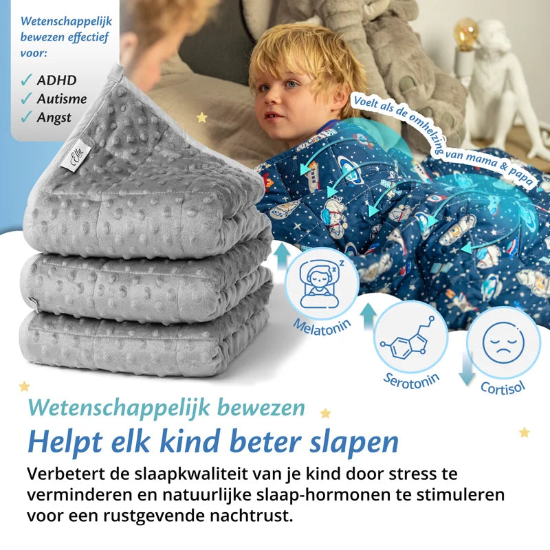 Kind onder Ella verzwaringsdeken met Minky stof, met voordelen voor ADHD, autisme en angst.