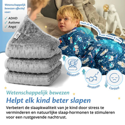 Kind onder Ella verzwaringsdeken met Minky stof, met voordelen voor ADHD, autisme en angst.