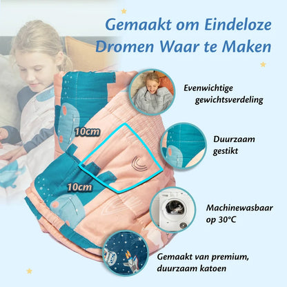 Detail van Ella verzwaringsdeken in hippo-design met gewichtsvakken, stiksels en wasbaar op 30°C.