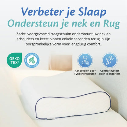 Orthopedisch traagschuim kussen op bed met iconen over OEKO-TEX en hypoallergeen.