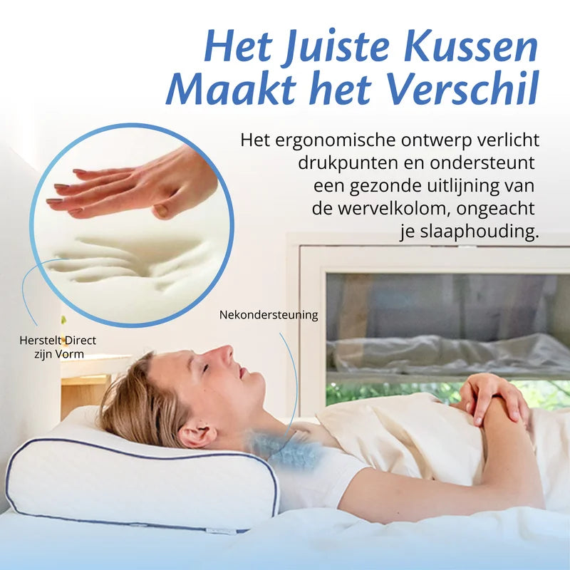 Vrouw ligt op orthopedisch kussen met handafdruk in traagschuim in ronde close-up.
