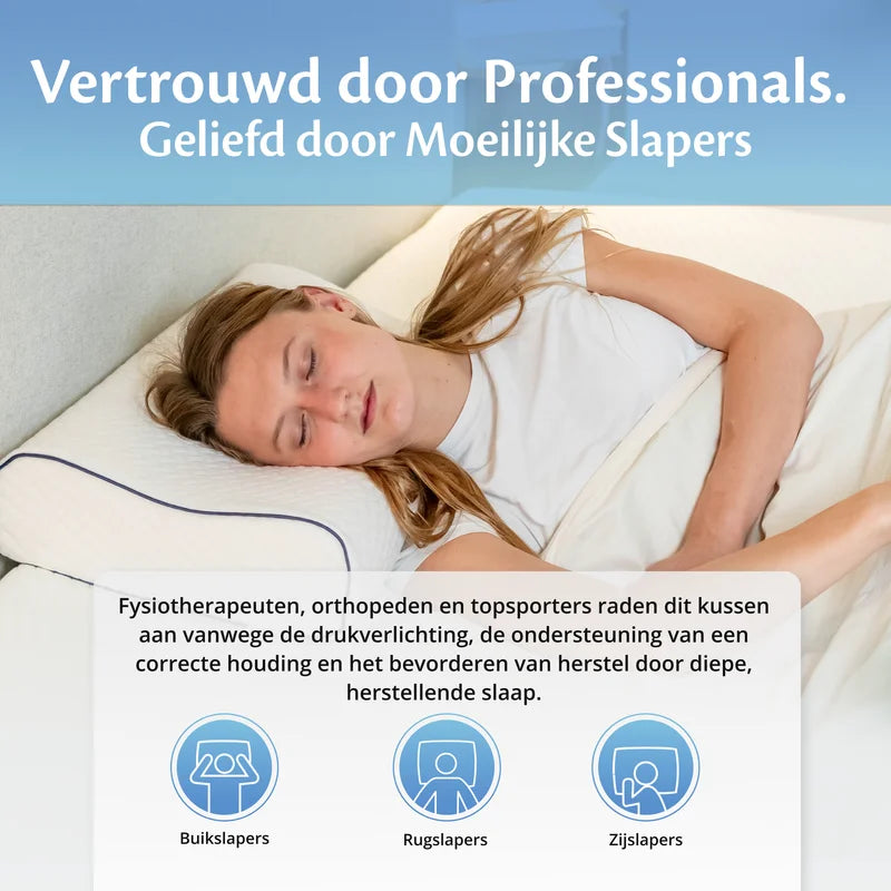 Vrouw ligt op orthopedisch kussen met tekst over aanbevelingen van professionals.