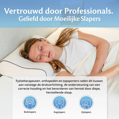 Vrouw ligt op orthopedisch kussen met tekst over aanbevelingen van professionals.