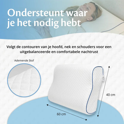 Orthopedisch hoofdkussen met afmetingen en detail van ademende stof, naast liggende vrouw.