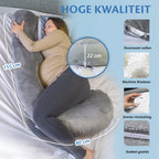 rouw op bed met een kussen en een zwangerschapskussen van Ella Sleeps, machinewasbaar en met sterke ritssluiting.