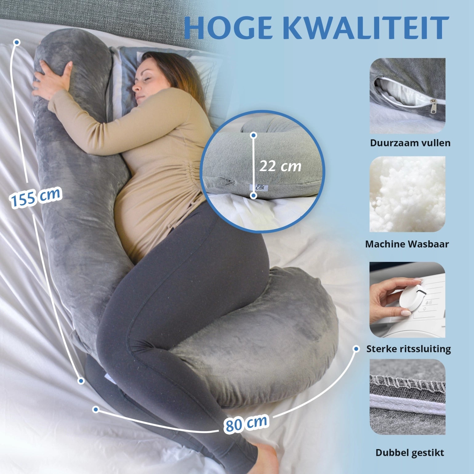 rouw op bed met een kussen en een zwangerschapskussen van Ella Sleeps, machinewasbaar en met sterke ritssluiting.