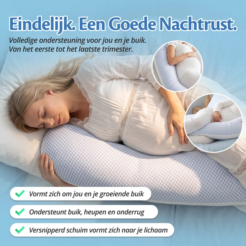 Zwangere vrouw slaapt met het Ella zwangerschapskussen dat zich om buik en lichaam vormt.