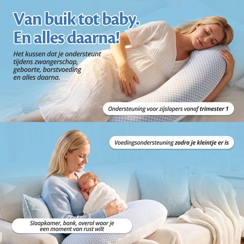 Vrouw gebruikt het Ella zwangerschapskussen als voedingskussen met haar baby.