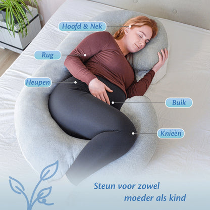 Een vrouw ligt op een bed met een zwangerschapskussen  genietend van de steun