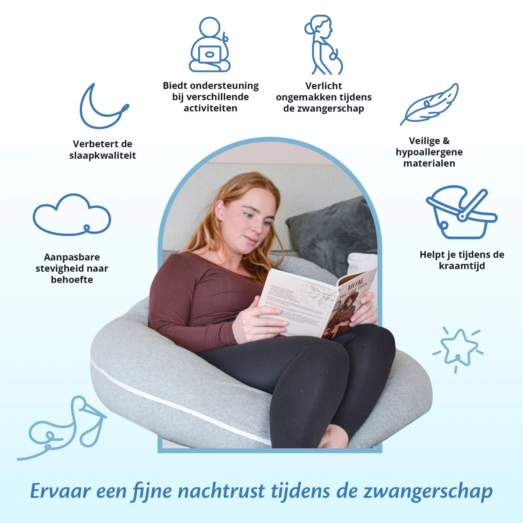 Een vrouw zit comfortabel met zwangerschapskussens van Ella Sleeps.