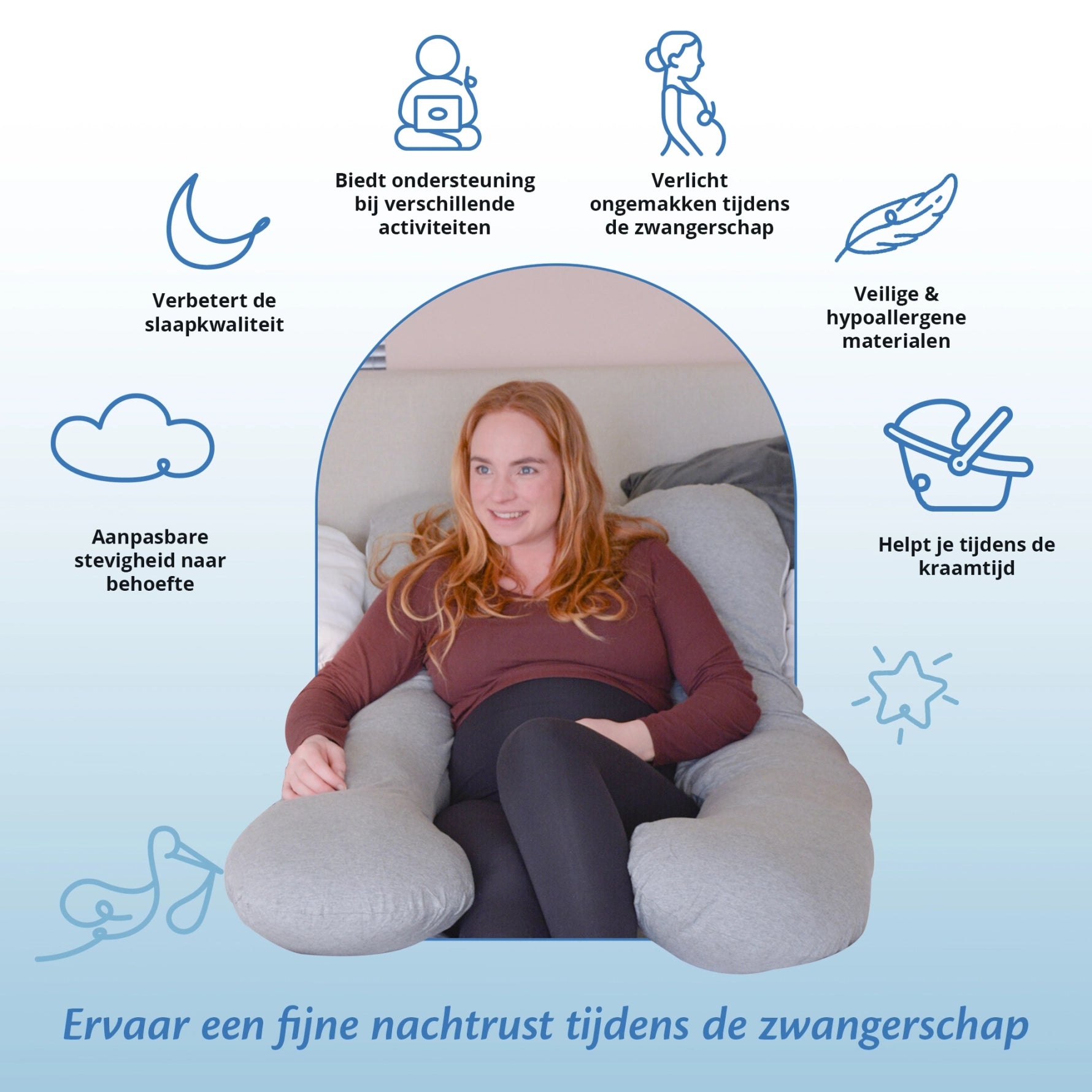 Een vrouw omringd door zwangerschapskussens van Ella Sleeps voor comfort.
