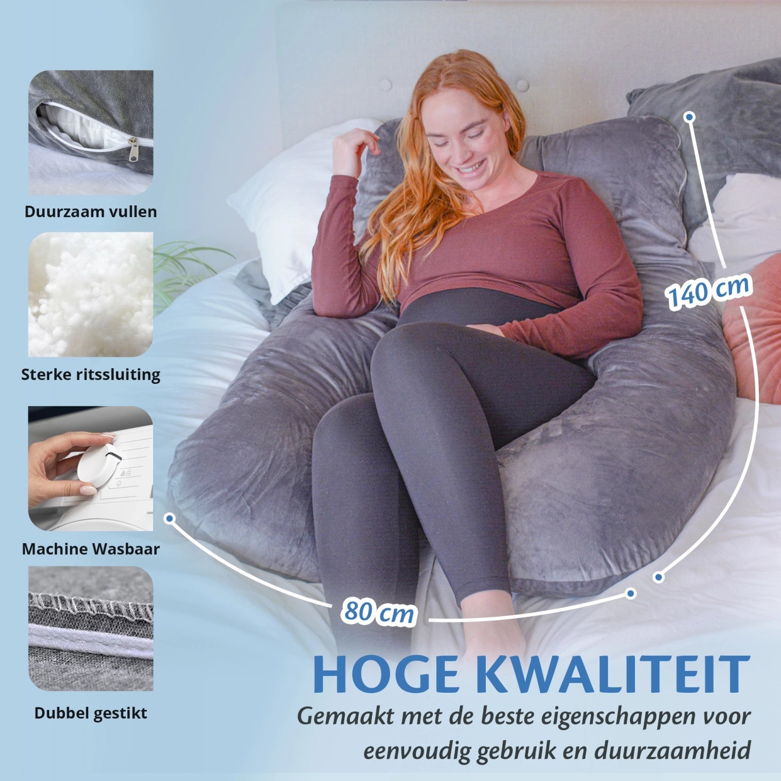 Een vrouw ligt op een bed met een kussen en een zwangerschapskussen van Ella Sleeps, hoogwaardig en duurzaam.