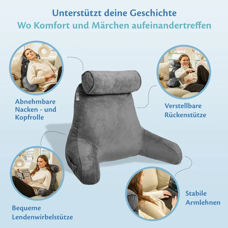 Lesekissen in Dunkelgrau in der Bildmitte, umgeben von vier Detailkreisen: abnehmbare Nacken- und Kopfrolle, verstellbare Rückenstütze, bequeme Lendenwirbelstütze und stabile Armlehnen