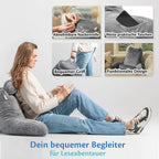 Frau schreibt am Boden sitzend an das Lesekissen gelehnt, mit vier Detailbildern: abnehmbare Nackenrolle, weite Taschen, bequemer Griff und funktionales Design