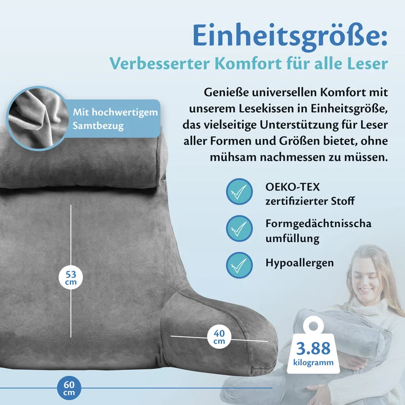 Lesekissen in Dunkelgrau mit den Maßen 60 × 53 × 40 cm und 3,88 kg sowie den Hinweisen OEKO-TEX-zertifizierter Stoff, Formgedächtnisschaumfüllung und hypoallergen