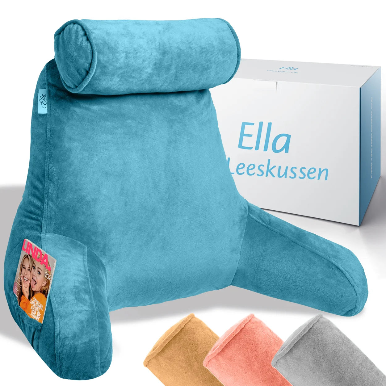Blaues Lesekissen, perfekt für ein komfortables Leseerlebnis, mit einem zeitgemäßen Aussehen.