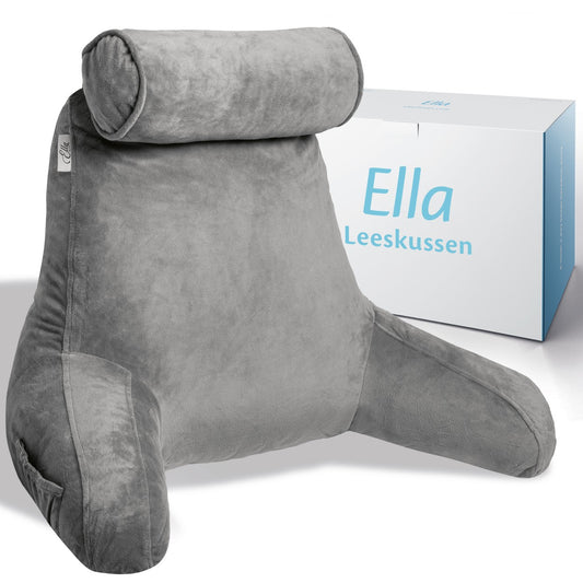 Donkergrijs leeskussen met een comfortabele vorm, ideaal voor ontspannen lezen of studeren.