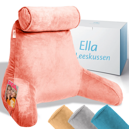 Koraalroze leeskussen, perfect ontworpen voor ondersteuning en comfort tijdens het lezen of ontspannen in huis.
