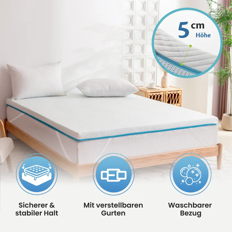 Matratzentopper 5 cm Höhe – sicherer Halt mit verstellbaren Gurten, waschbarer Bezug
