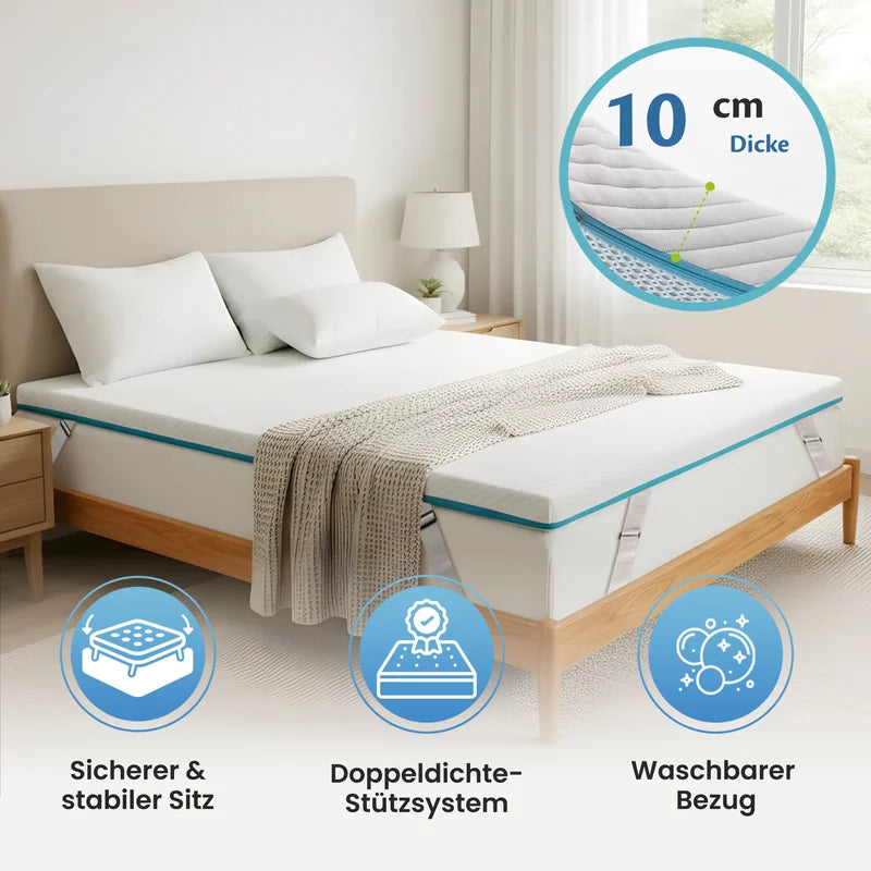 Ella Topper 10 cm Dicke – sicherer Sitz, Doppeldichte-Stützsystem, waschbarer Bezug