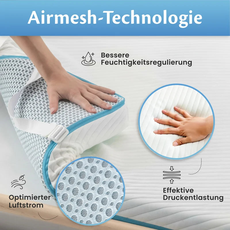 Hand drückt in den Topper, daneben ein Ausschnitt der Airmesh-Schicht, mit den Beschriftungen Feuchtigkeitsregulierung, Luftstrom und Druckentlastung