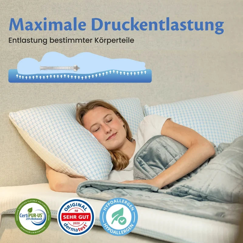 Auf der Seite schlafende Frau, darüber ein Schema des Toppers zur Druckverteilung, darunter die Siegel CertiPUR-US, Dermatest „Sehr gut“ und hypoallergen